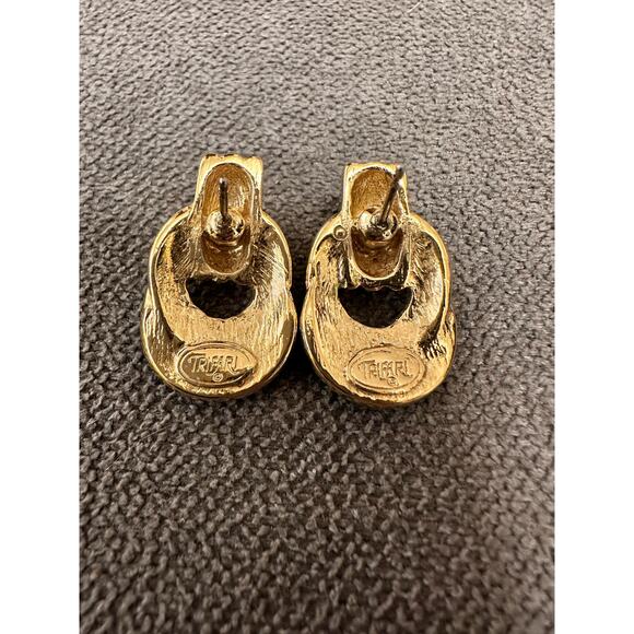 VINTAGE TRIFARI EARRINGS ENAMEL LOOP AQUA BLUE POST BACKING GOLD TONE - MARKED - Picture 2 of 3